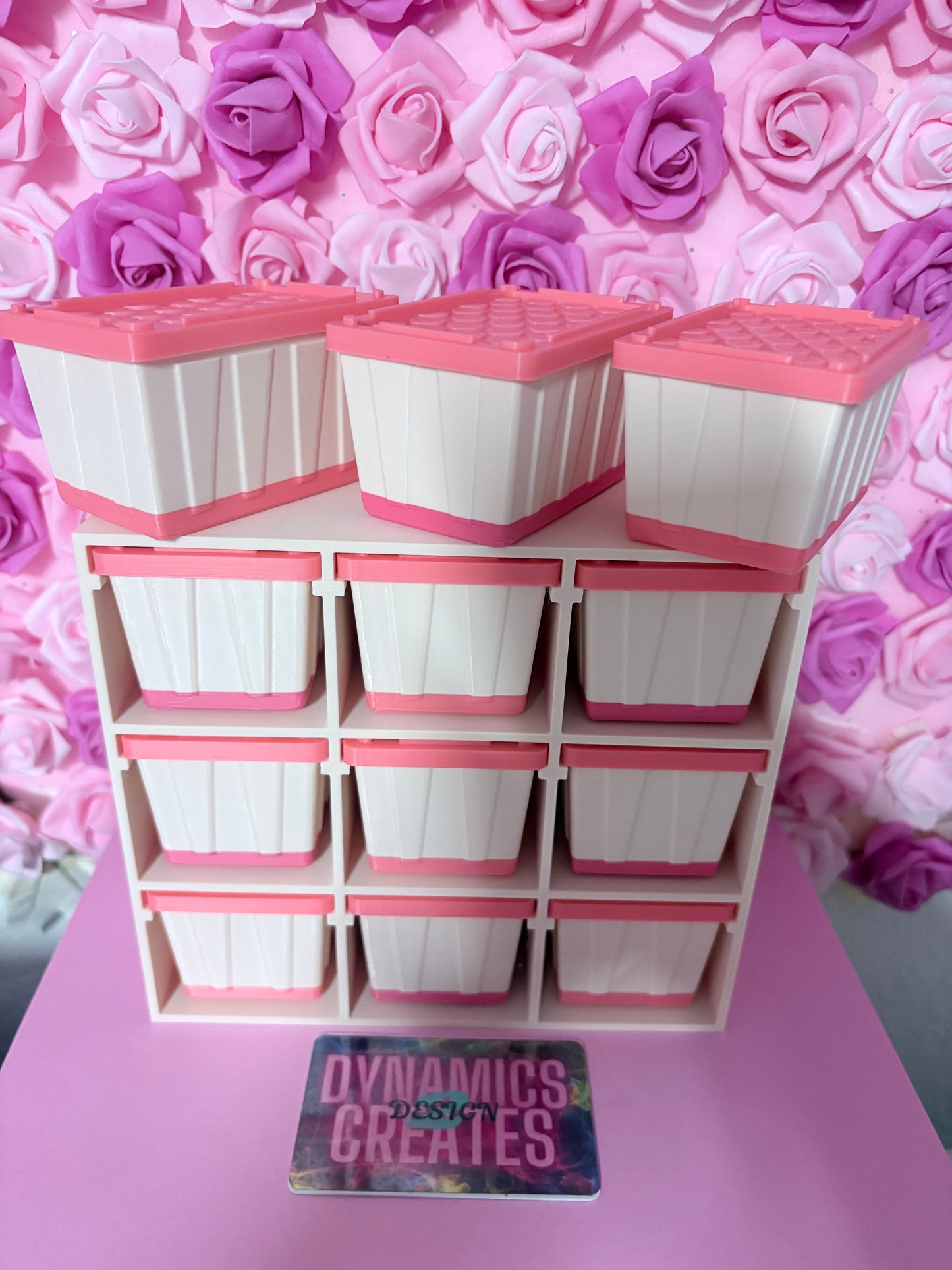 9 Mini Bins With Hearts On Lids And Shelves